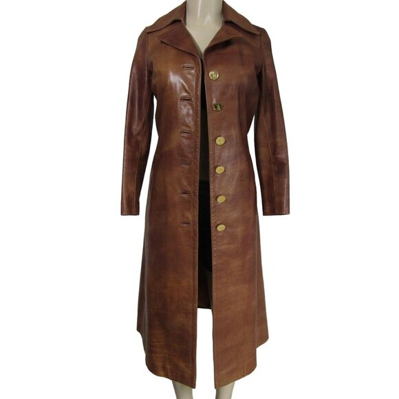 VTG 70s ROBERTA DI CAMERINO XS S Leather Coat Midi Distressed Caramel Brown READ - Picture 1 of 16